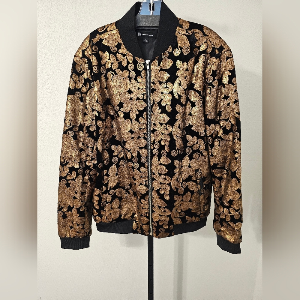 INC Black Bomber Jacket with Gold Floral Sequins Sz Medium